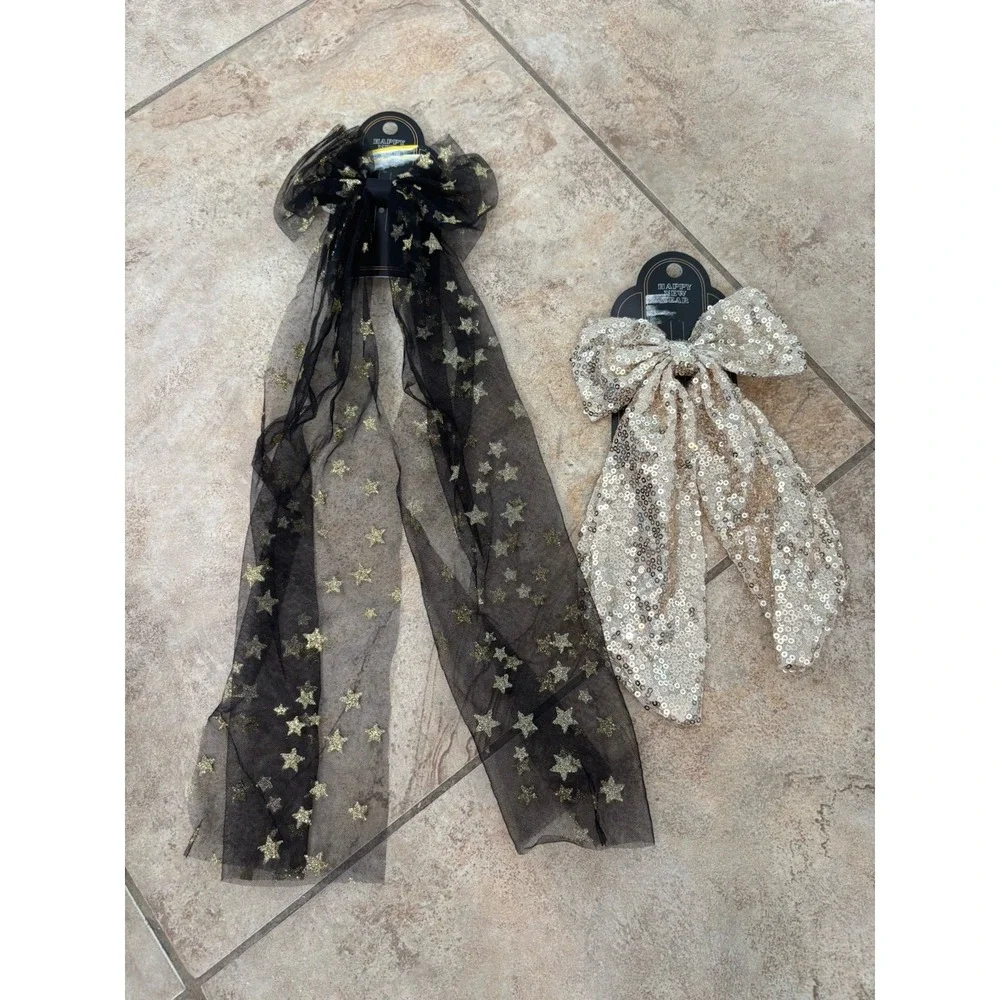 2 Holiday Hair Bow Clips Gold Sequin & Black Tulle Gold Stars Party Set